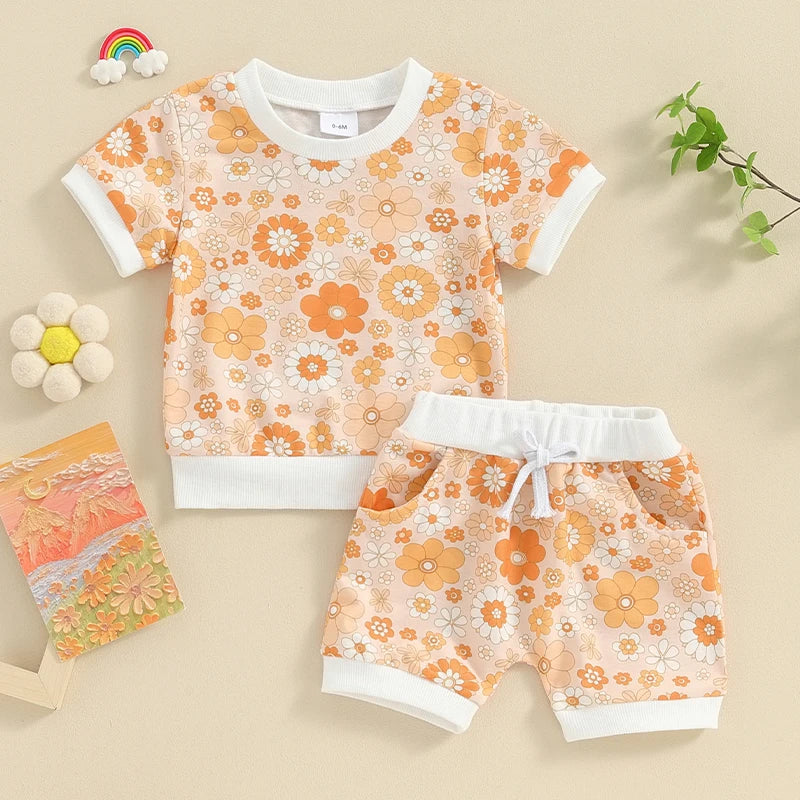 Baby Toddler Girls 2Pcs Summer Clothes Sets Outfits Floral Print Short Sleeve  Top with Pocket Shorts