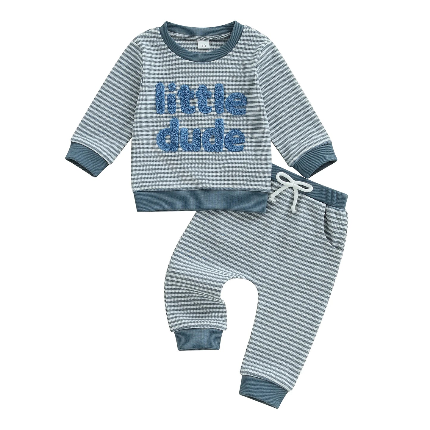 Baby Toddler Boys 2Pcs Little Dude Striped Jogger Set Long Sleeve Letters Embroidery Pullover Top with Pants Fall Outfits