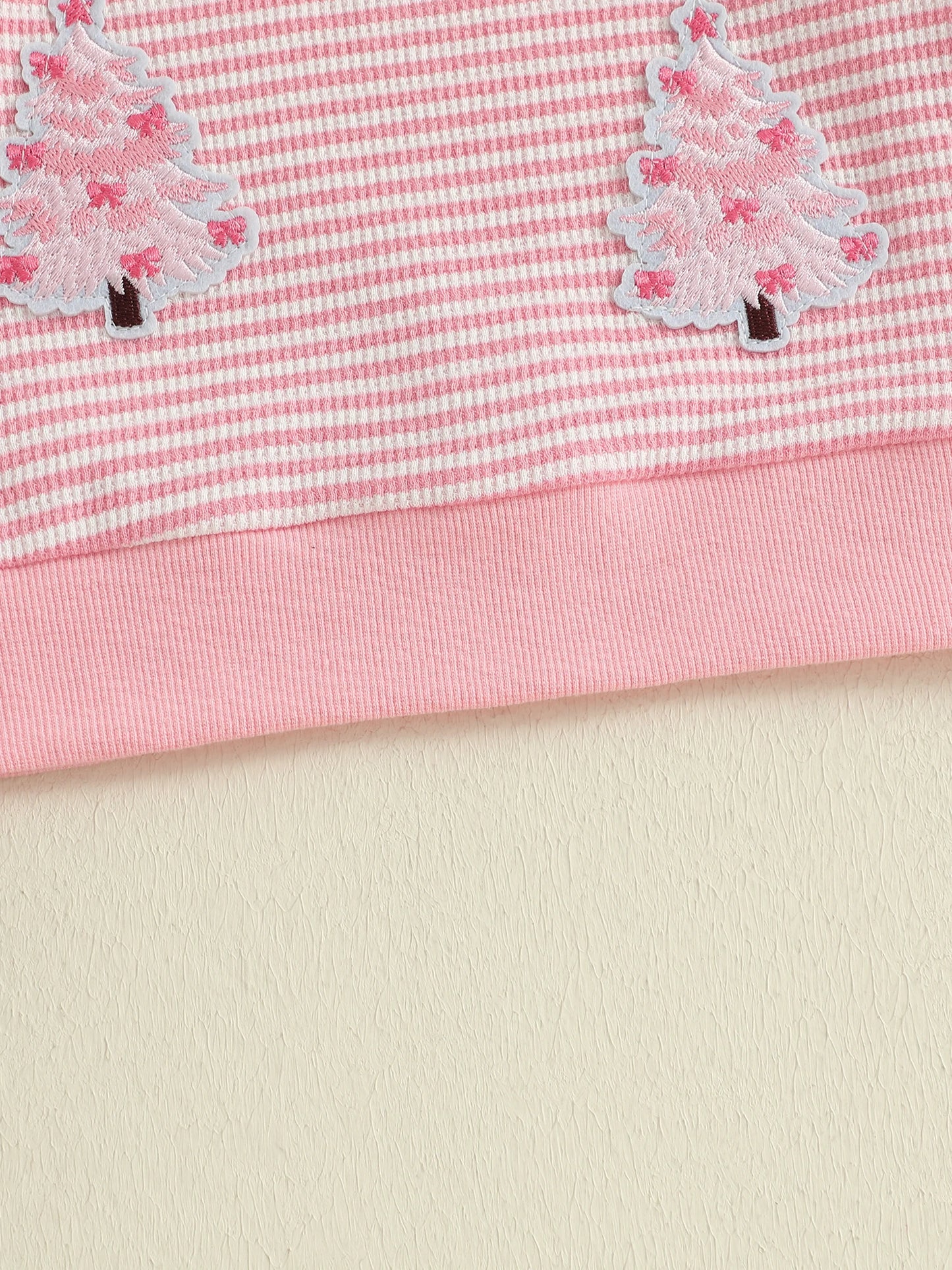 Baby Toddler Girl Christmas Top Christmas Tree Embroidered Striped Crew Neck Long Sleeve Pullover