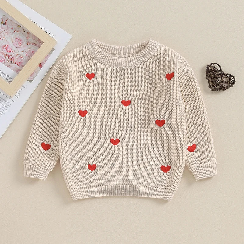 Baby Girl Knit Sweater Heart Embroidery Pullover Valentine's Day Clothes Top