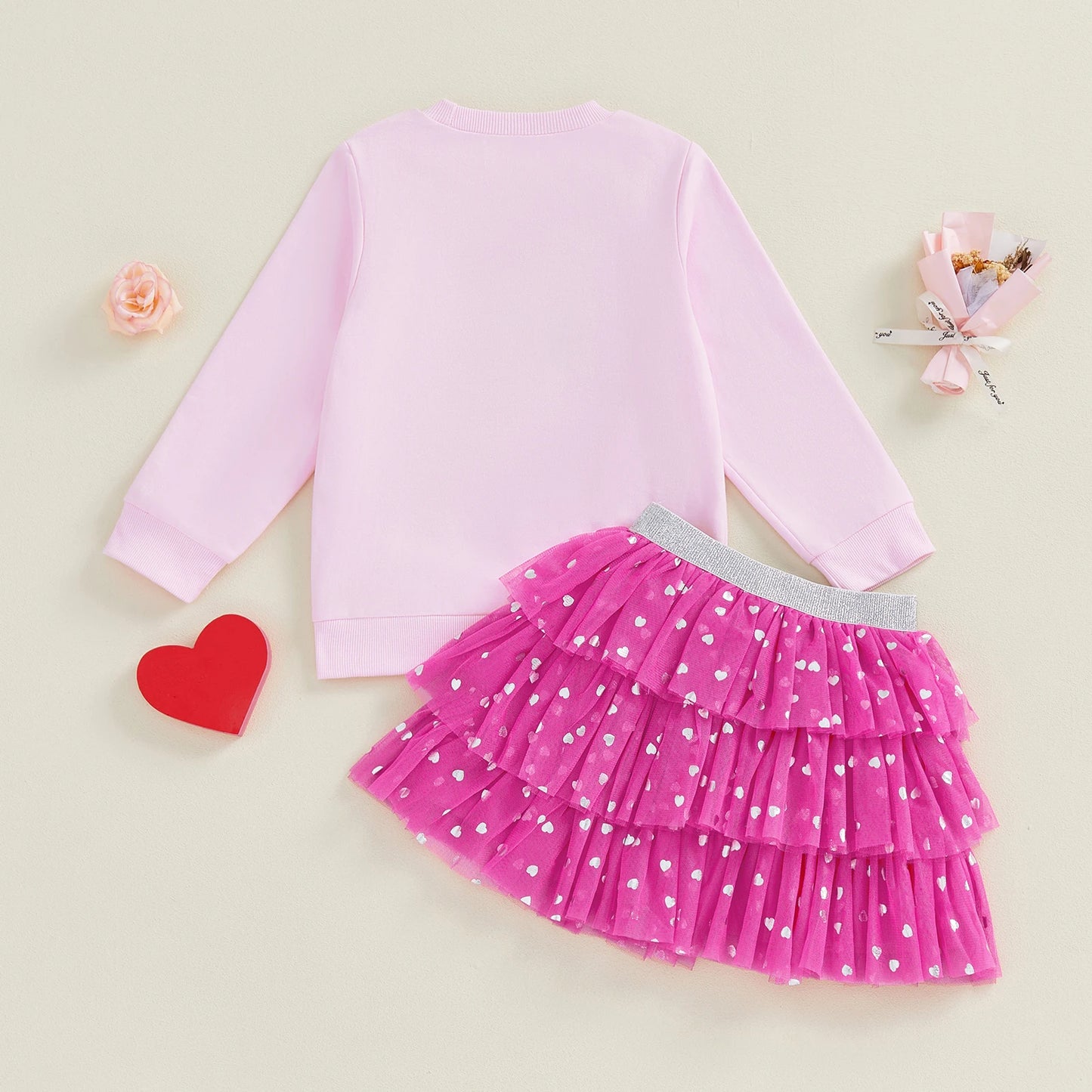 Baby Toddler Girls 2Pcs Outfit Long Sleeve Crew Neck Heart Embroidery Top and Tiered Tulle Skirt Set