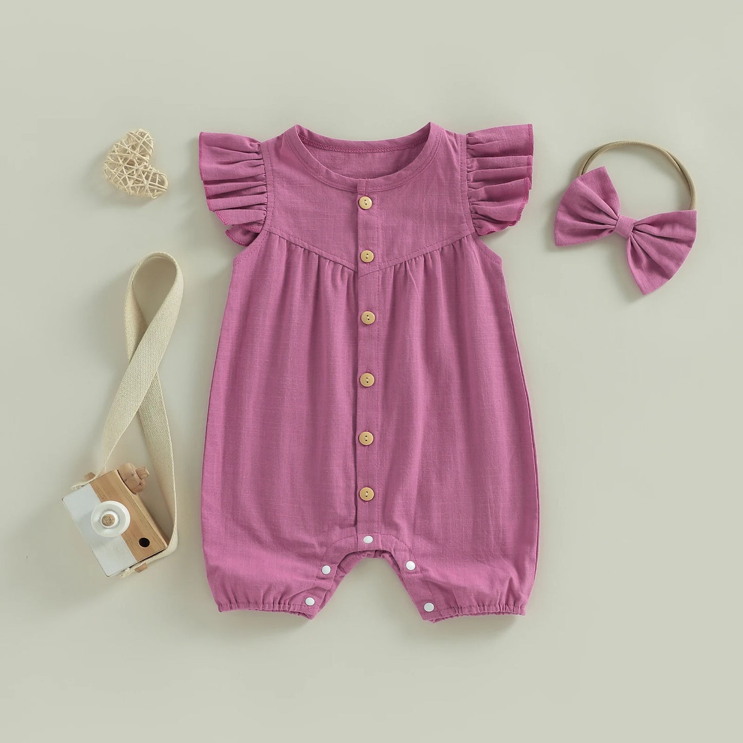 Baby Girl 2Pcs Summer Outfit Solid Flying Sleeve Romper with Bow Headband 2 Piece Set