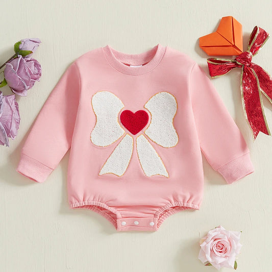 Baby Girl Romper Long Sleeve Round Neck Heart Bow Embroidery Bodysuit Valentine's Day