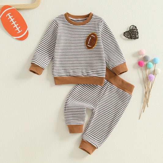 Baby Toddler Boys 2Pcs Autumn Long Sleeve O Neck Football Embroidery Top Striped Pants Jogger Set