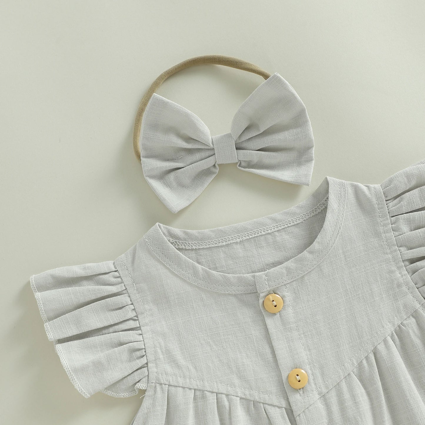 Baby Girl 2Pcs Summer Outfit Solid Flying Sleeve Romper with Bow Headband 2 Piece Set