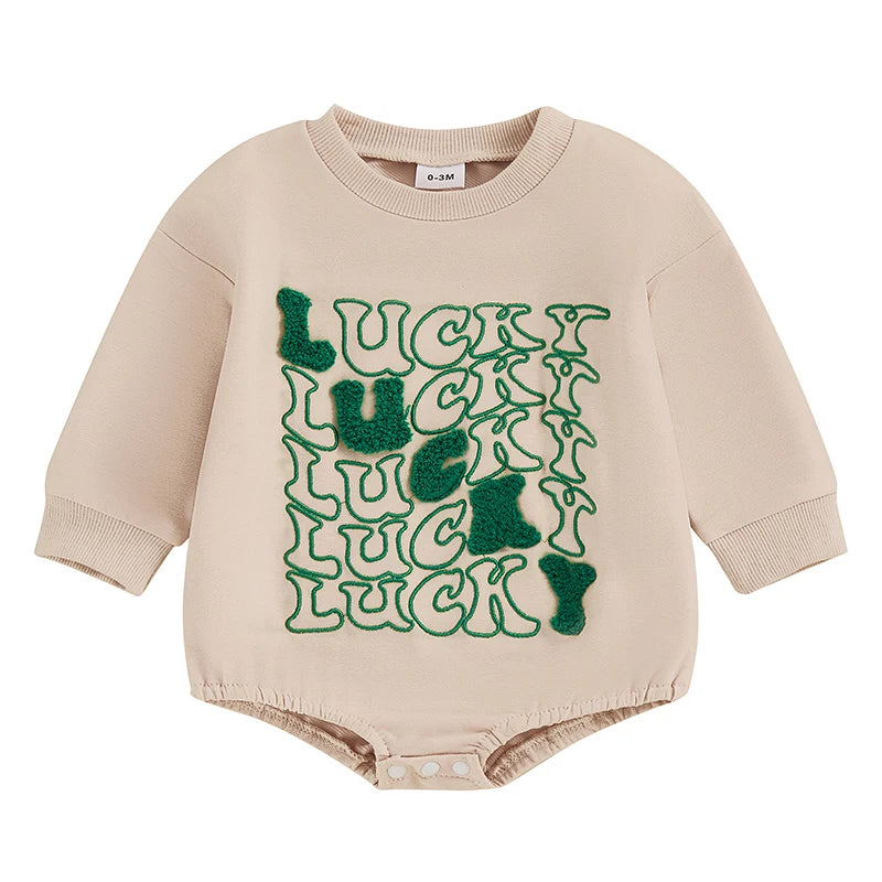 Baby Boy Girl Lucky Bubble Romper Letter Embroidery Long Sleeve Bubble Jumpsuit Irish Clothes St.Patrick's Day Bodysuit