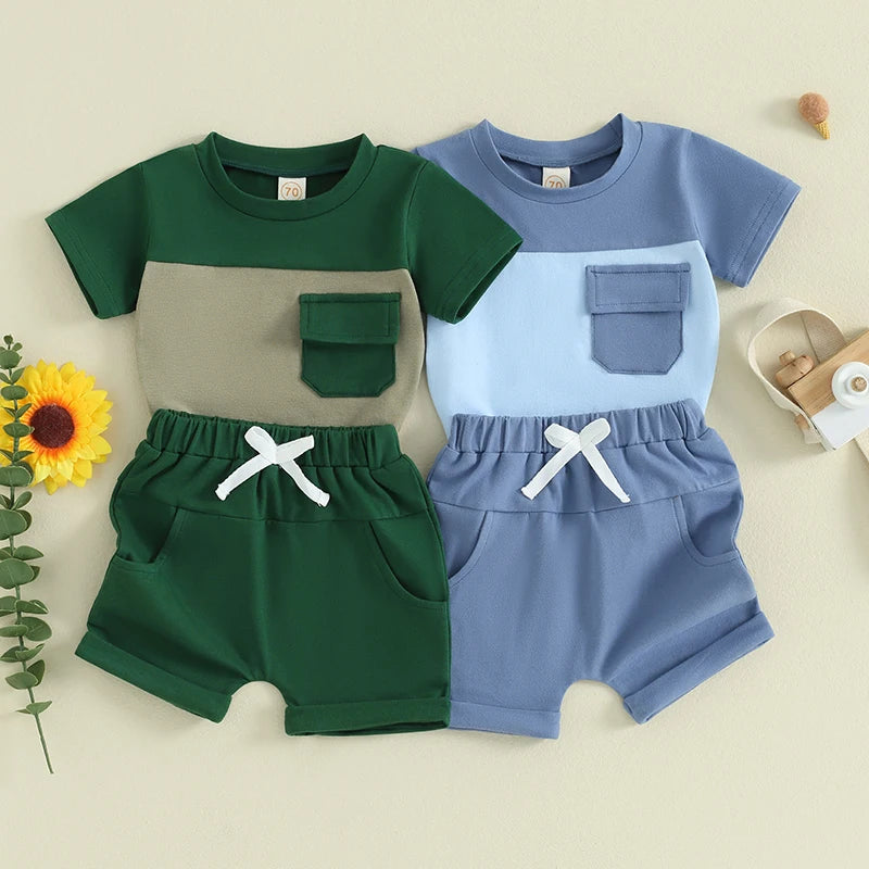 Toddler Baby Boy 2Pcs Summer Outfits Short Sleeve Contrast Color Top with Pocket Shorts Set Clothes