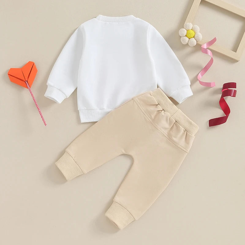 Baby Toddler Girls Boys 2Pcs Valentine's Day Clothes Set Long Sleeve O-Neck Letters Love Is In The Air Heart Print Top with Jogger Pants Outfit