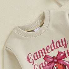 Load image into Gallery viewer, Baby Girls 2Pcs Gameday Football Letter Bow Print Long Sleeve Bubble Romper Headband Outfit Set
