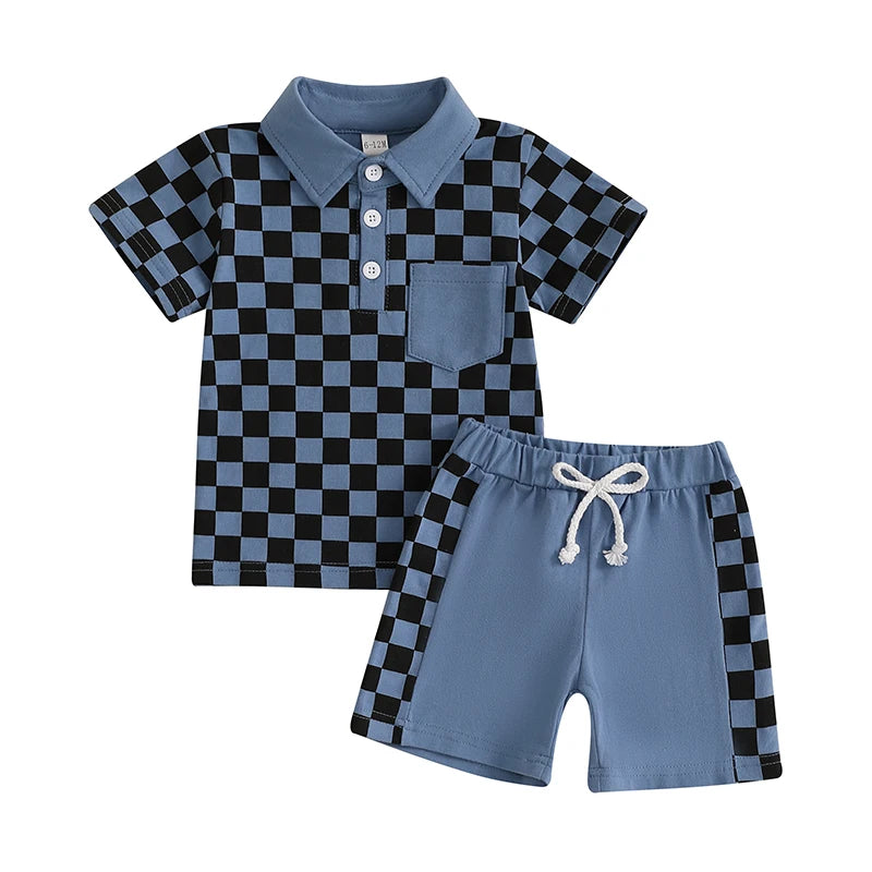 Baby Toddler Boys 2Pcs Set Short Sleeve Lapel Collar Checkered Print Top and Drawstring Shorts Outfit