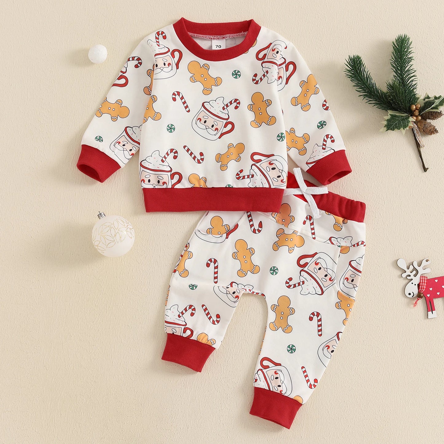 Baby Toddler Boys Girls 2Pcs Christmas Jogger Set Gingerbread Man Santa Mug Print Long Sleeve Top Long Pants Outfit