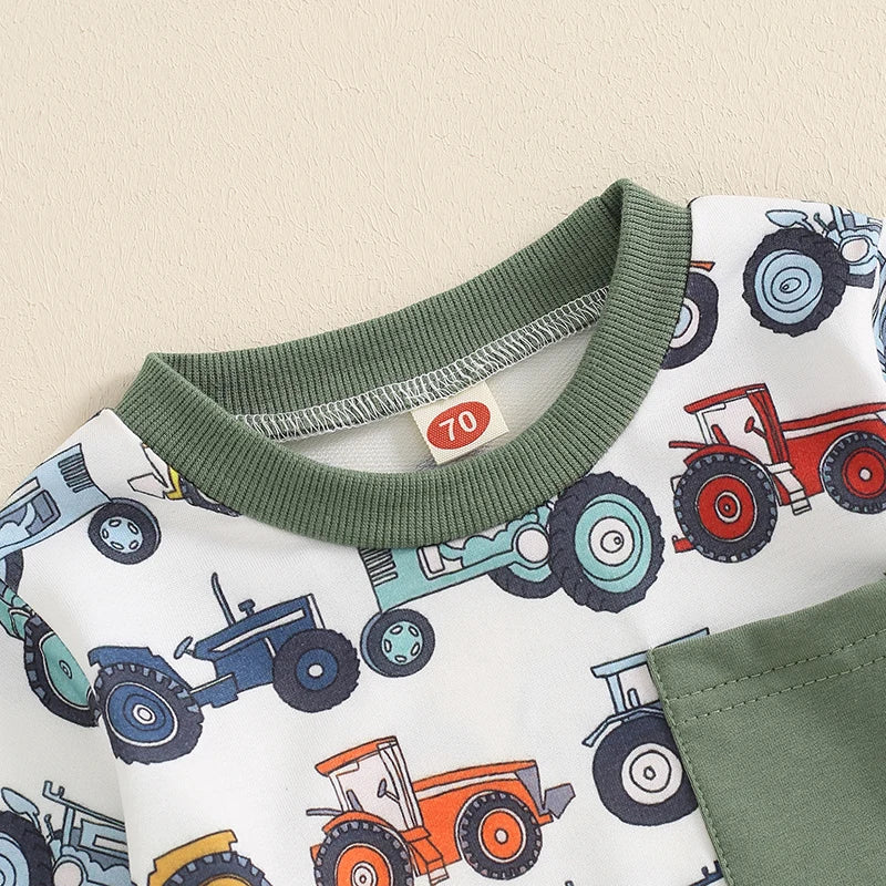 Baby Toddler Boys 2Pcs Farm Outfit Long Sleeve Tractor Print Pocket Top + Pants Set