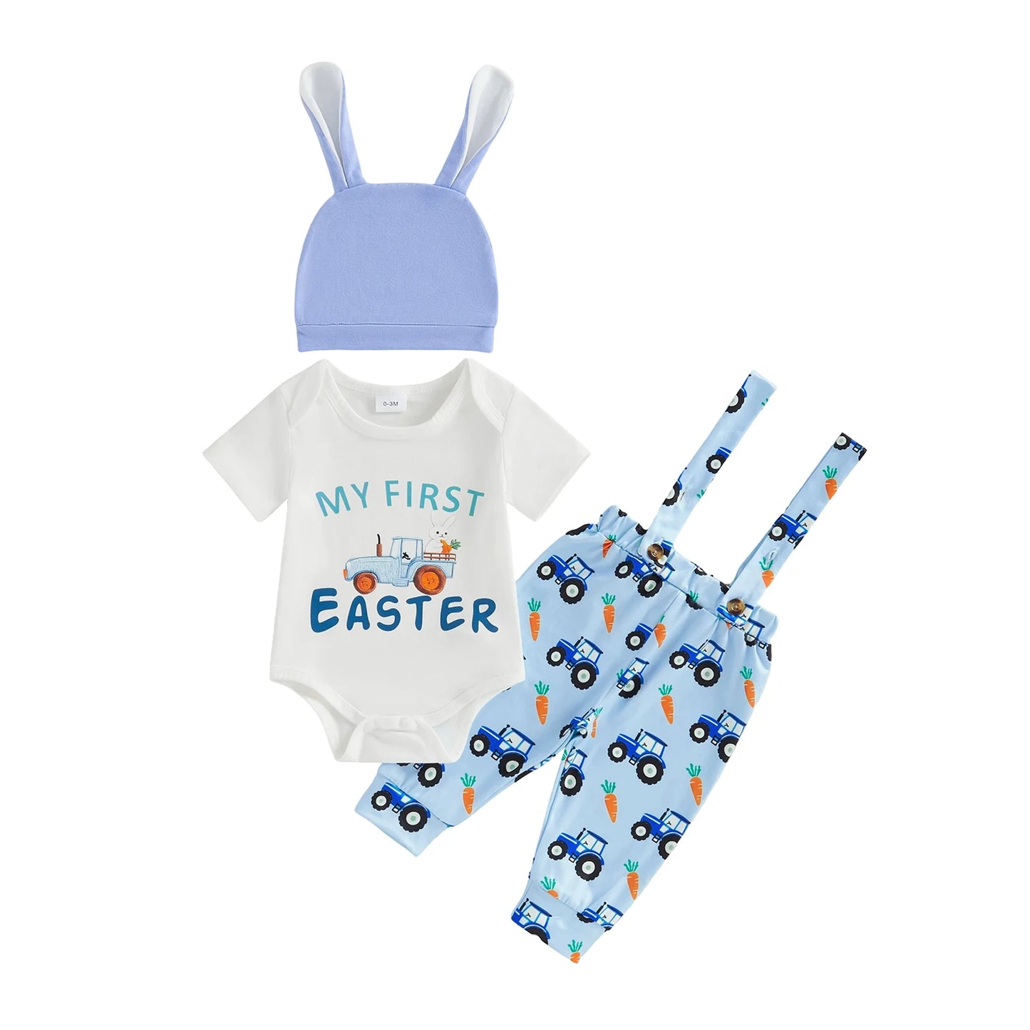 Baby Boy Girls 3Pcs Easter Outfits Cute Short Sleeve Round Neck Rabbit Letter My First Easter Print Jumpsuit Overalls and Hat Set