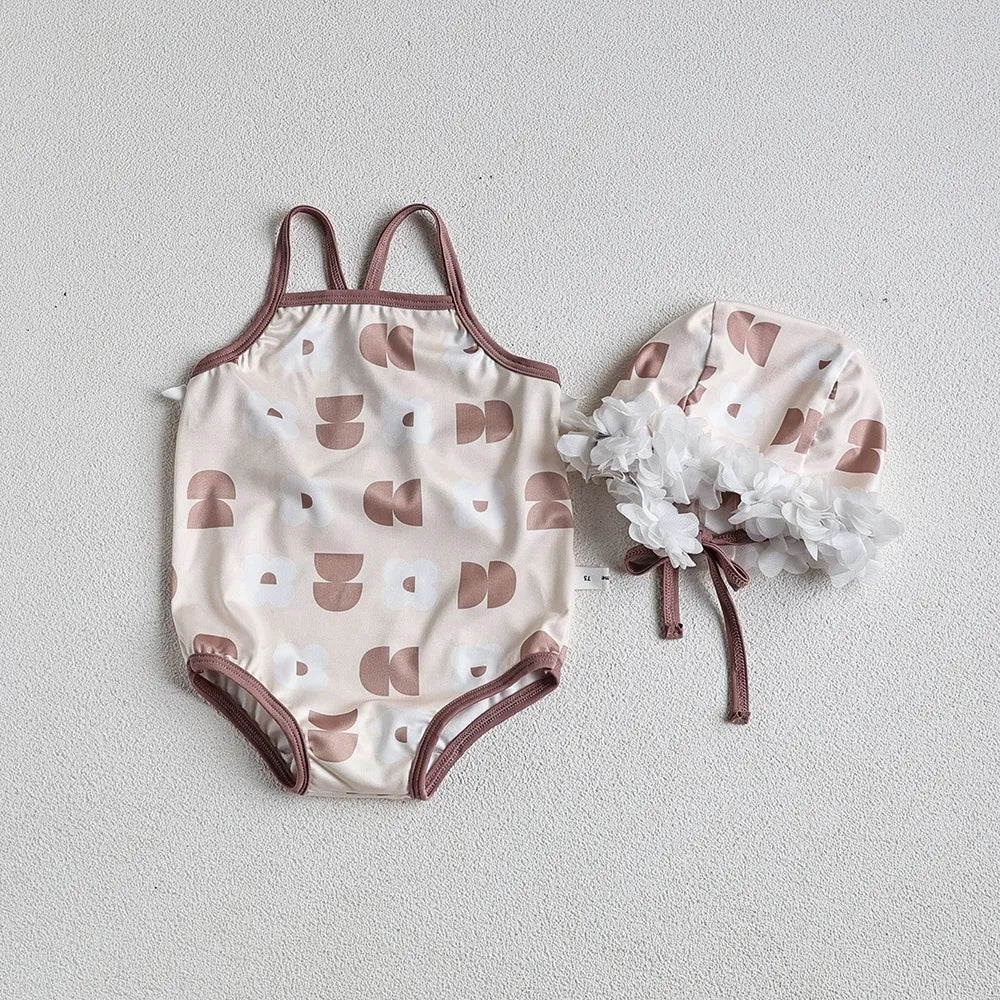 Baby Girls Floral Bandage Swimsuit With Hat Set