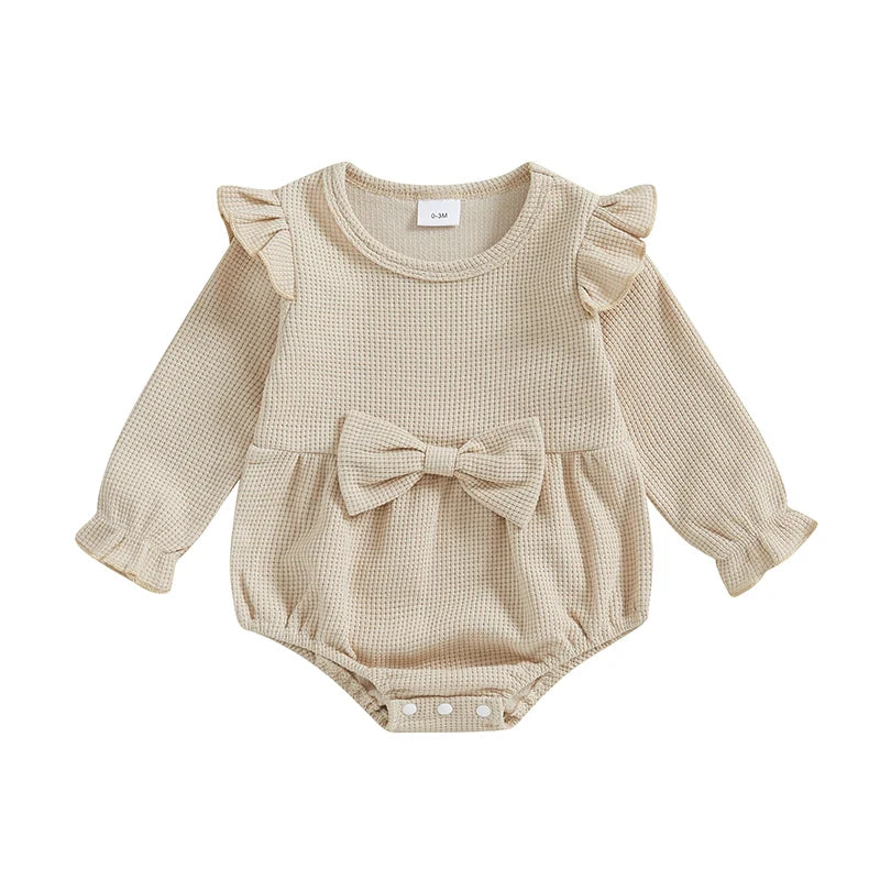 Baby Girls Romper Long Sleeve Crew Neck Bow Ruffle Bodysuit