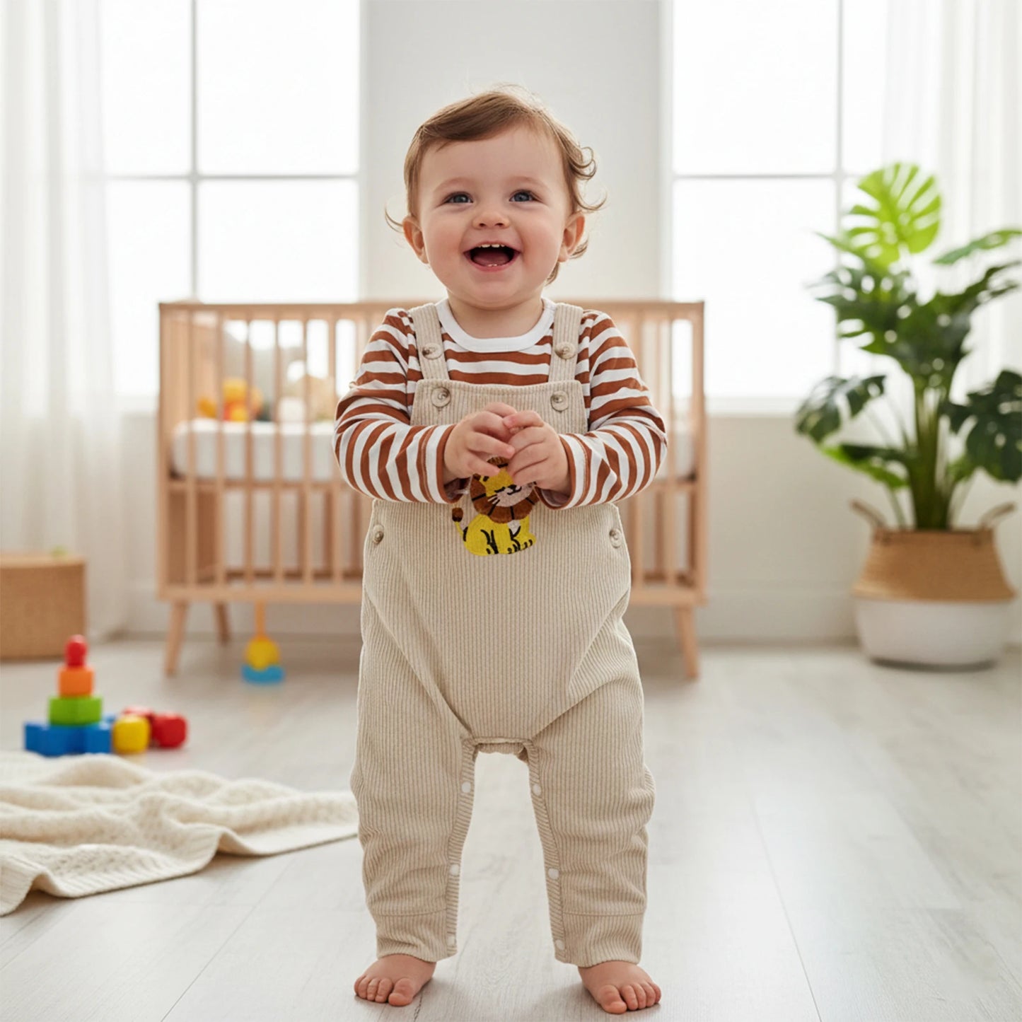 Baby Boys 2Pcs Clothing Sets Fashionable Long Sleeve Striped Topswith Lion Embroidery Overalls 2Pcs Fall Outfits