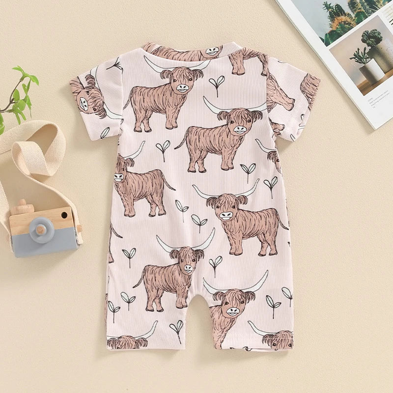 Baby Boys Girls Western Jumpsuit Short Sleeve Crew Neck Highland Cow Print Summer Casual Romper