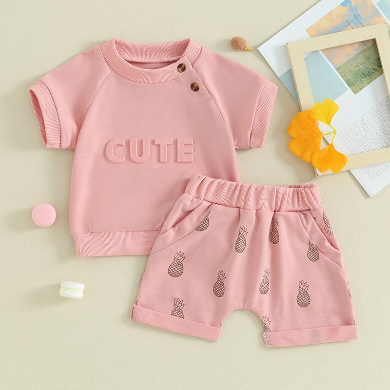 Baby Toddler Boy Girl 2Pcs CUTE Letter Pattern Short Sleeve Top with Pineapple Pattern Short Outfit Set