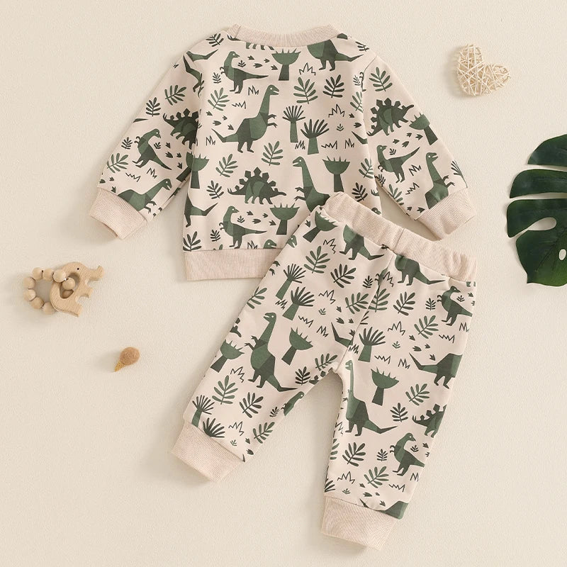 Baby Toddler Boys 2Pcs Outfit Long Sleeve Dinosaur Print Top with Elastic Waist Pants Fall Outfit Set