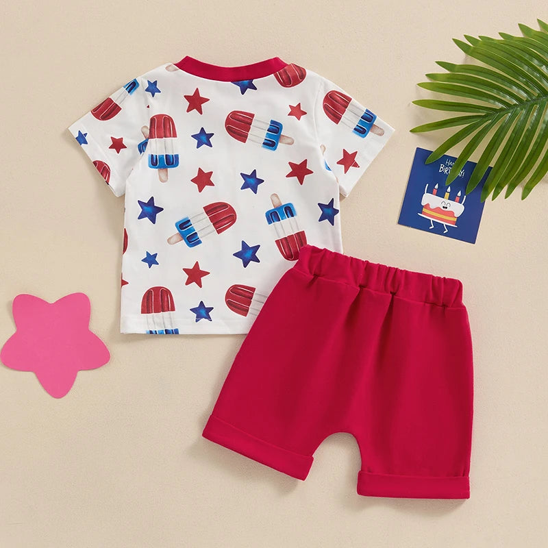 Baby Toddler Boy 2Pcs 4th of July Outfit Star Popsicle Print Short Sleeve Top with Pocket + Elastic Waist Shorts Independence Day Set