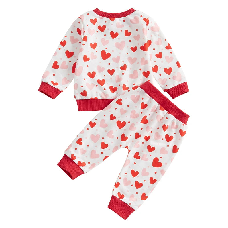 Baby Toddler Girls 2Pcs Valentines Outfit Heart Print Long Sleeve Crewneck Top with Long Jogger Pants Valentine's Day Set