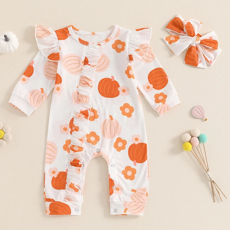 Baby Girls 2Pcs Fall Outfit Long Sleeve Pumpkin Flower Print Jumpsuit with Headband Halloween Clothes Romper Set