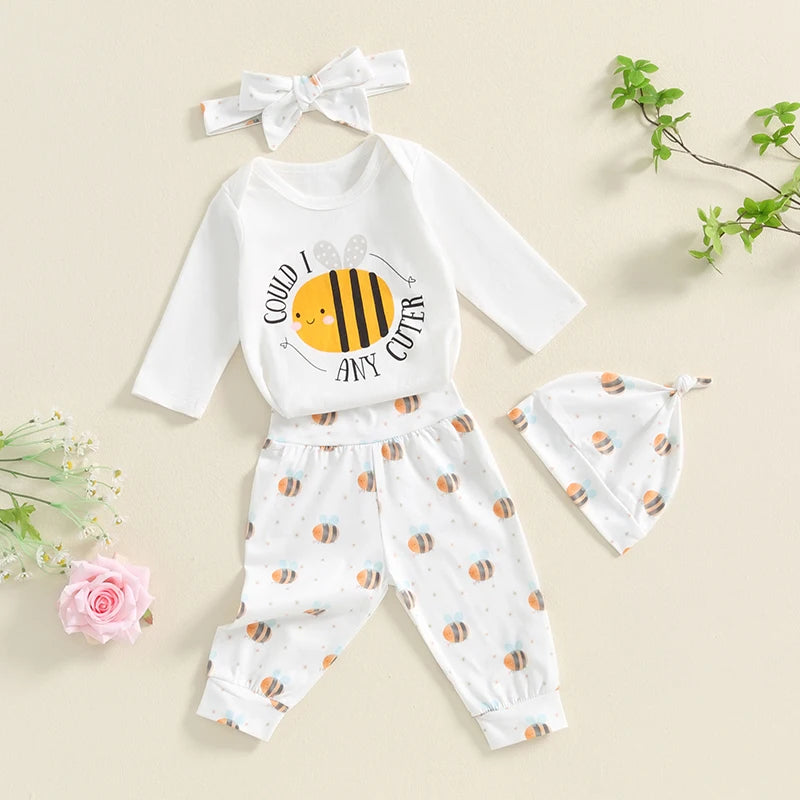 Baby Boys Girls 4Pcs Clothing Set Could I Bee Any Cuter Print Long Sleeve Romper with Pants Headband Hat Outfit