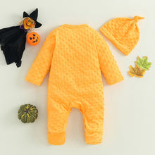 Load image into Gallery viewer, Baby Boy Girl 2Pcs Halloween Romper Flannel Jumpsuit Long Sleeve Pumpkin Face Print with Hat
