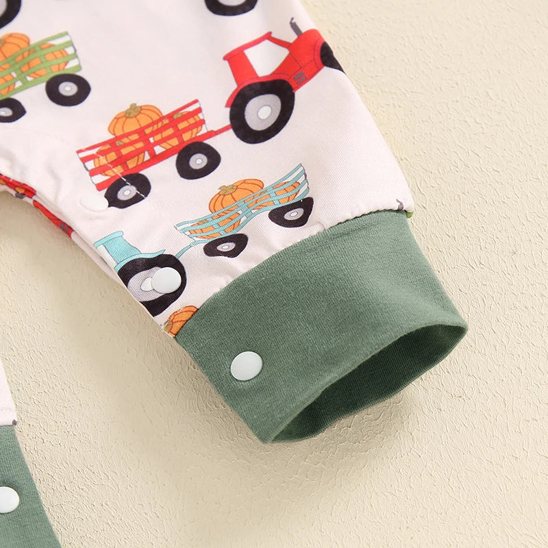 Baby Boys Jumpsuit Sleeveless Crew Neck Pocket Pumpkin Tractor Print Romper Halloween Jumpsuit