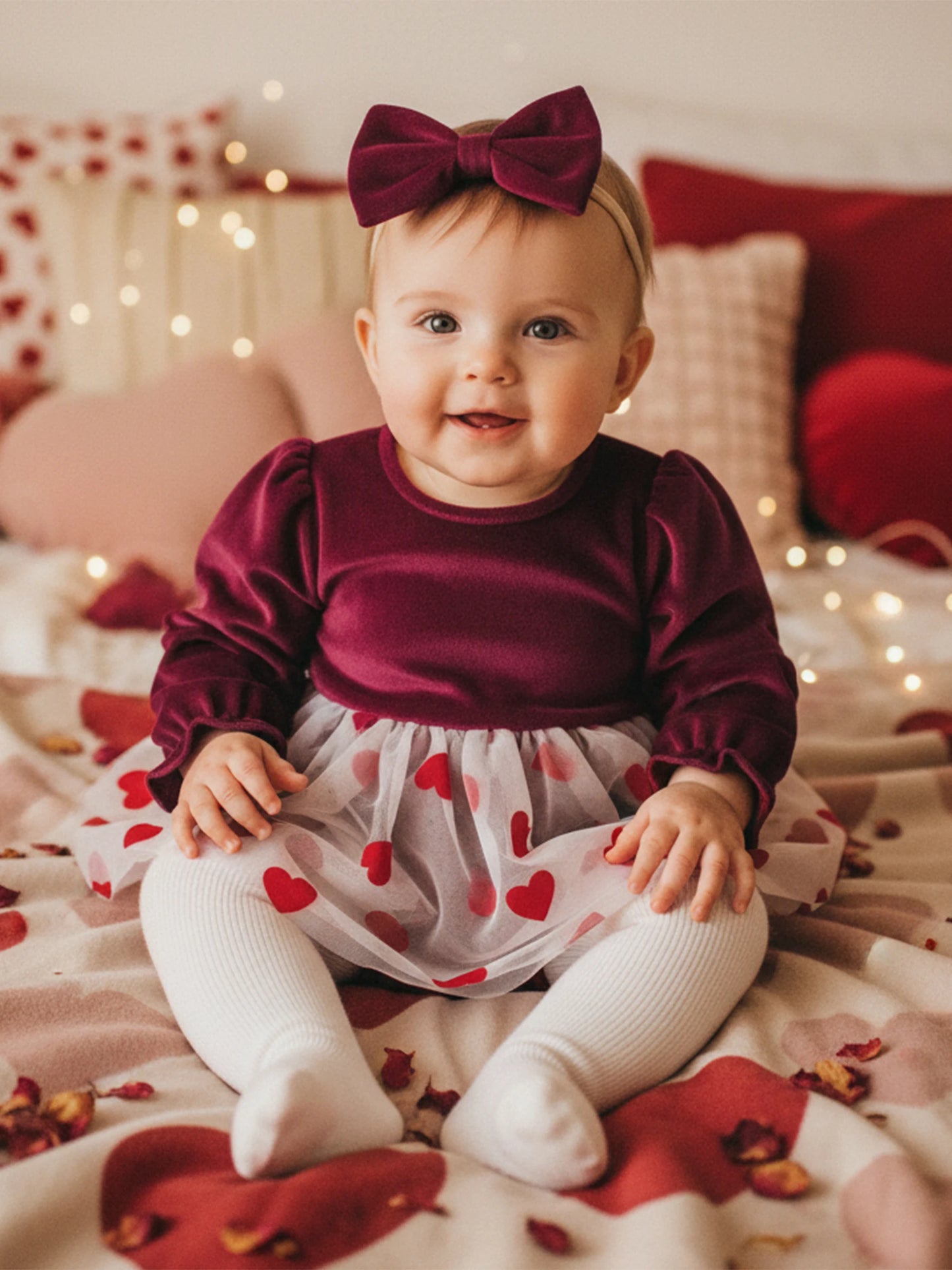 Baby Girls 2Pcs Valentine's Day Romper Dress Long Sleeve Heart Print Tulle Skirt Jumpsuits Headband Bow Set