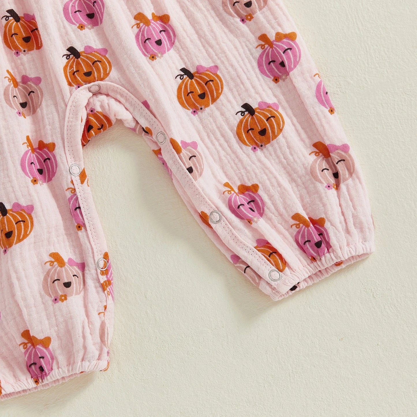 Baby Girl 2Pcs Halloween Outfit Pumpkin Ruffle Trim Long Sleeve Romper Tie-up Headband Cotton Linen Set