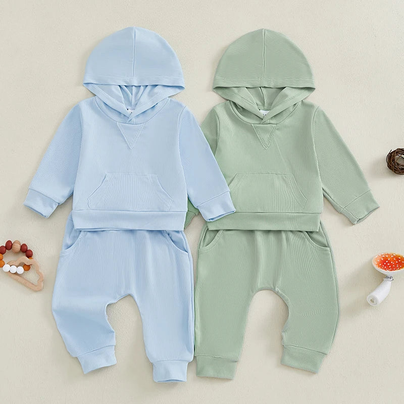 Baby Toddler Boys Girls Fall Outfit Ribbed Long Sleeve Hooded Top and Elastic Waist Pants Jogger Set