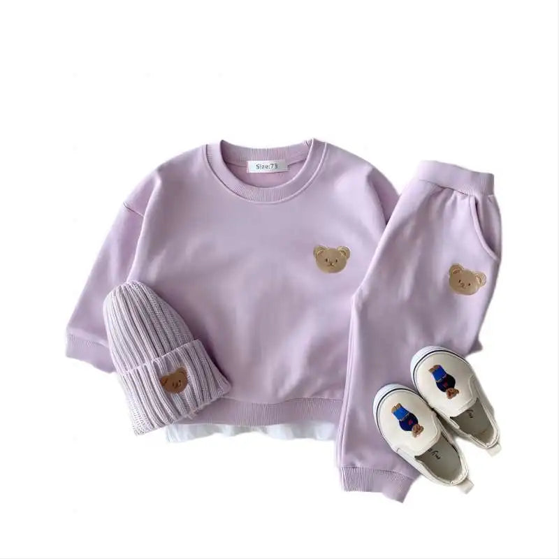 Baby Toddler Girls Boys 2Pcs Jogger Set Long Sleeve Bear Embroidery Top with Pants Outfit