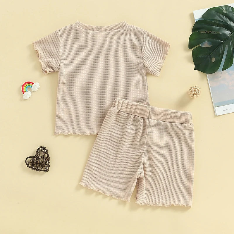 Baby Toddler Kids Girls 2Pcs Shorts Set Short Sleeve Crew Neck Top Frill Sleeves with Elastic Waist Shorts Summer Waffle Outfit