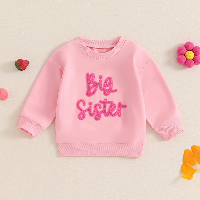 Toddler Kids Girls Big Sister Long Sleeve Crewneck Letter Embroidery Loose Fit Pullover Top