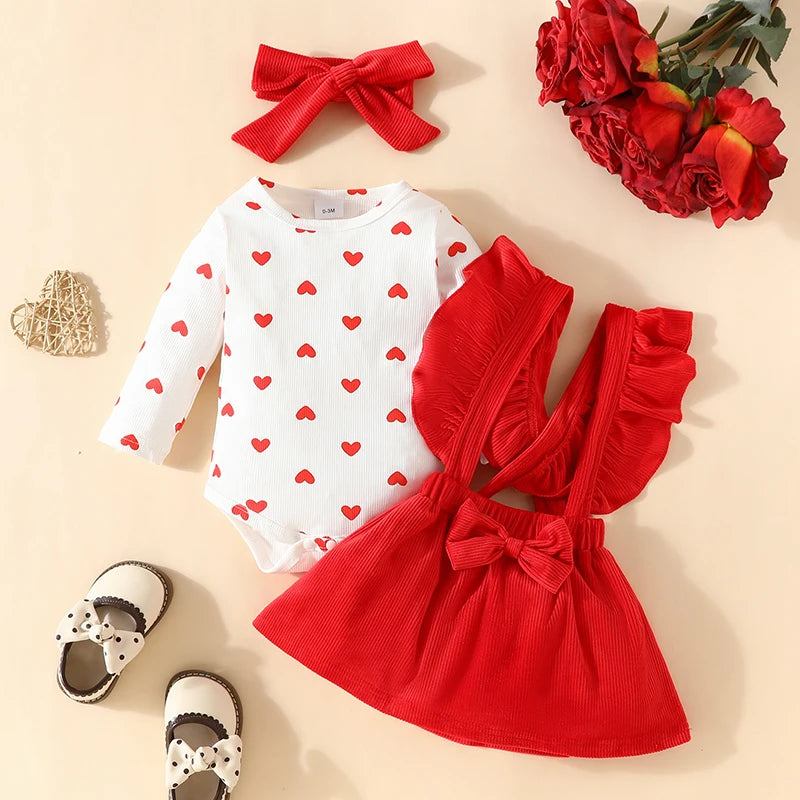 Baby Girls 3Pcs Valentine's Day Clothes Sets Heart Print Long Sleeve Romper with Suspender Skirt Bow Headband