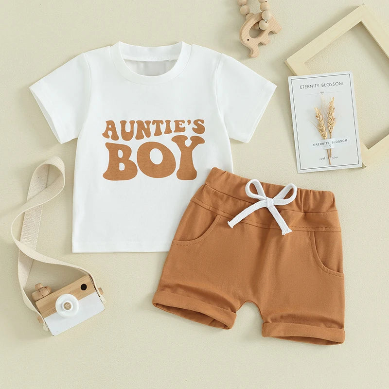 Toddler Baby Boy 2Pcs Summer Clothes Aunties Boy Short Sleeve Crewneck Shirt Top Shorts Set Outfit