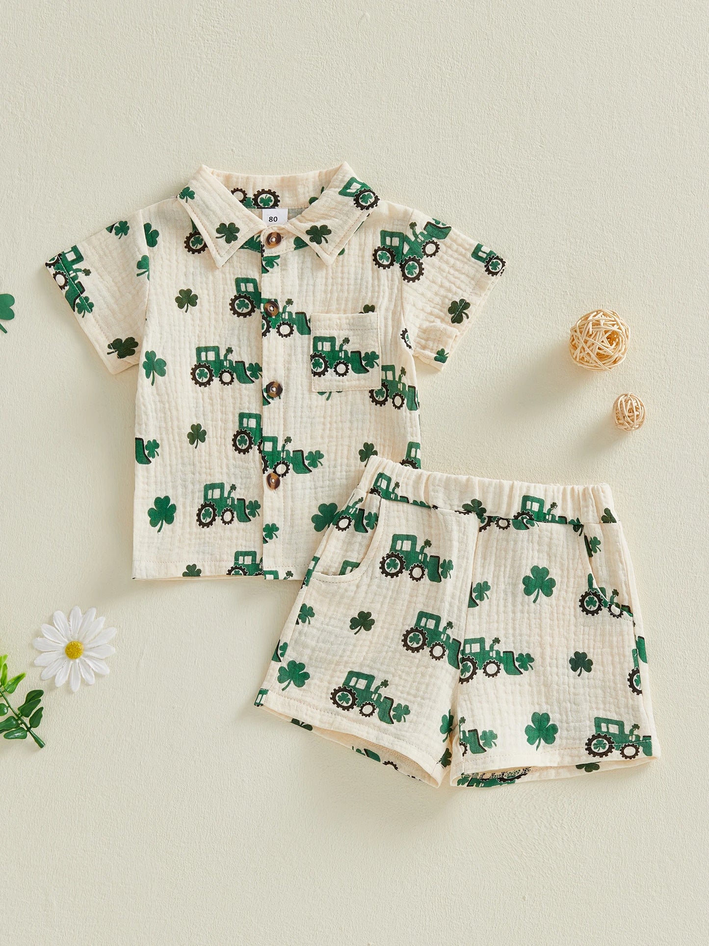 Baby Toddler Boy 2Pcs St. Patrick's Day Outfits Clover Truck Print Short Sleeve Lapel Button Down Shirt and Shorts Spring Set