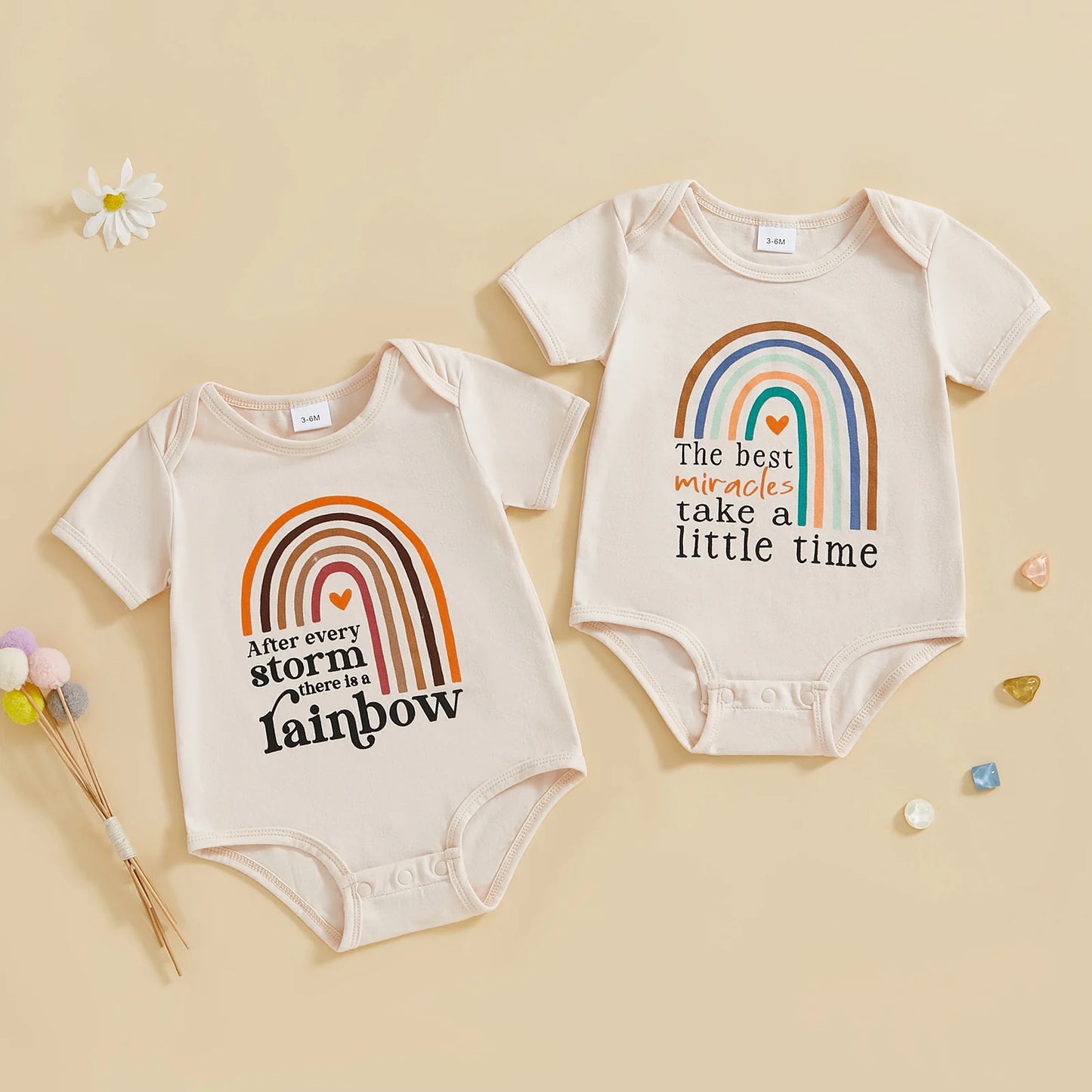 Baby Boys Girls After Every Storm Comes A Rainbow / The Best Miracles Take A Little Time Cotton Bodysuit Classic Short Sleeve Round Neck Rainbow Print Playsuit Romper Bodysuit