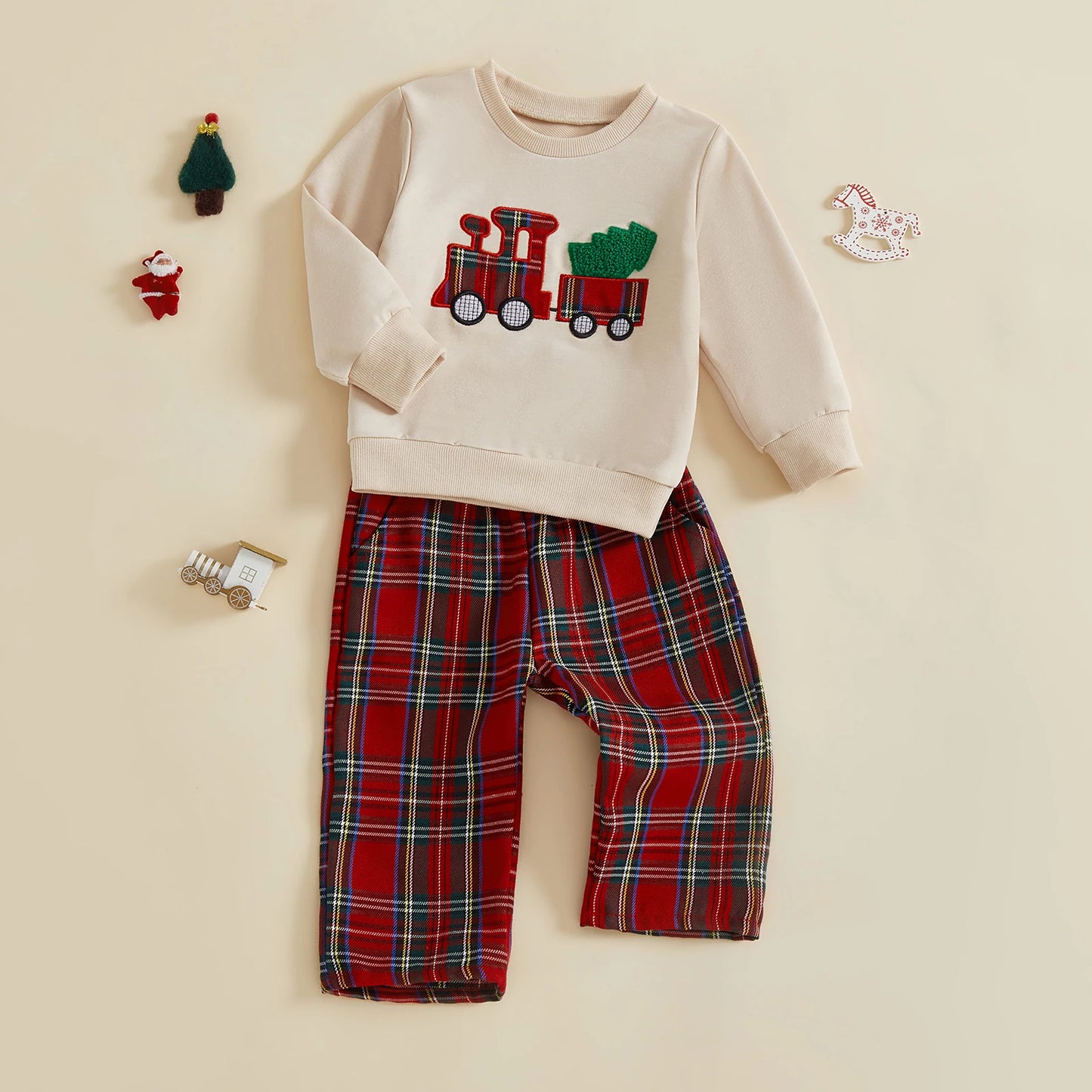 Baby Toddler Boys 2Pcs Christmas Outfits Long Sleeve Train Tree Embroidery Top + Plaid Pants Set Winter Clothes