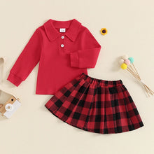 Load image into Gallery viewer, Toddler Kids Girls 2Pcs Long Sleeve Collared Shirt Top with Pleated Mini Plaid Skirt Fall Outfit Set
