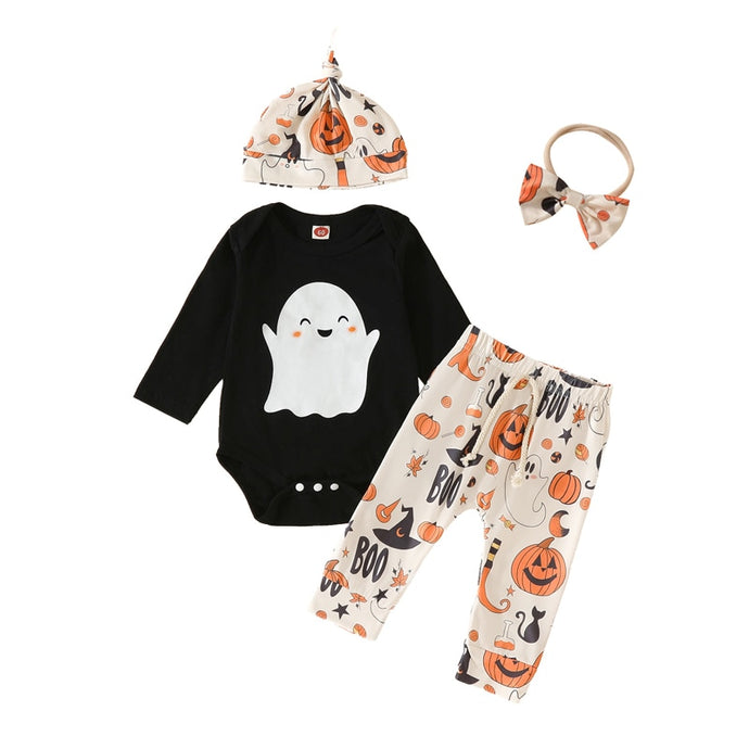Baby Girl 4Pcs Halloween Sets Black Long Sleeve Romper Ghost Pumpkin Print Pants Hat Bow Headband