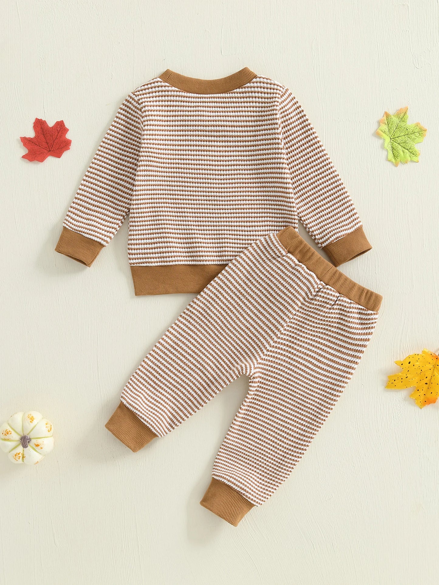 Baby Toddler Girls Boys 2Pcs Thanksgiving Outfits Turkey Embroidery Striped Long Sleeve Top and Elastic Pants Jogger Set
