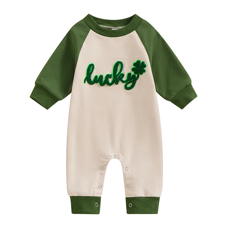 Baby Boy Girl St. Patrick's Day Lucky Shamrock Embroidery Long Sleeve Jumpsuit Romper Spring Clothes