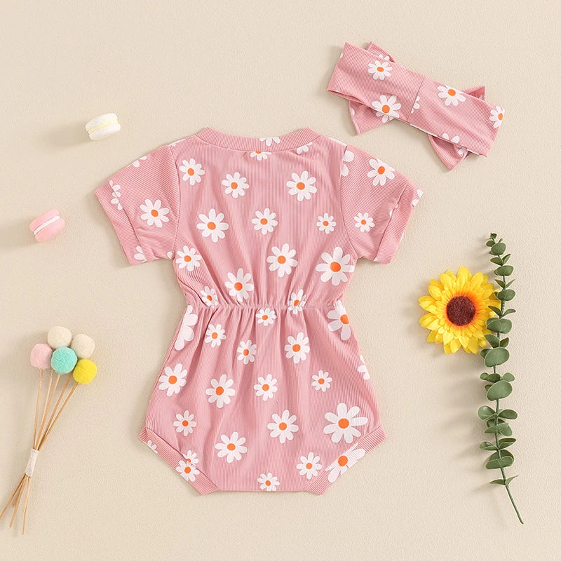 Baby Girls 2Pcs Romper Short Sleeve O Neck Flower Daisy Print Floral Jumpsuit with Headband Set