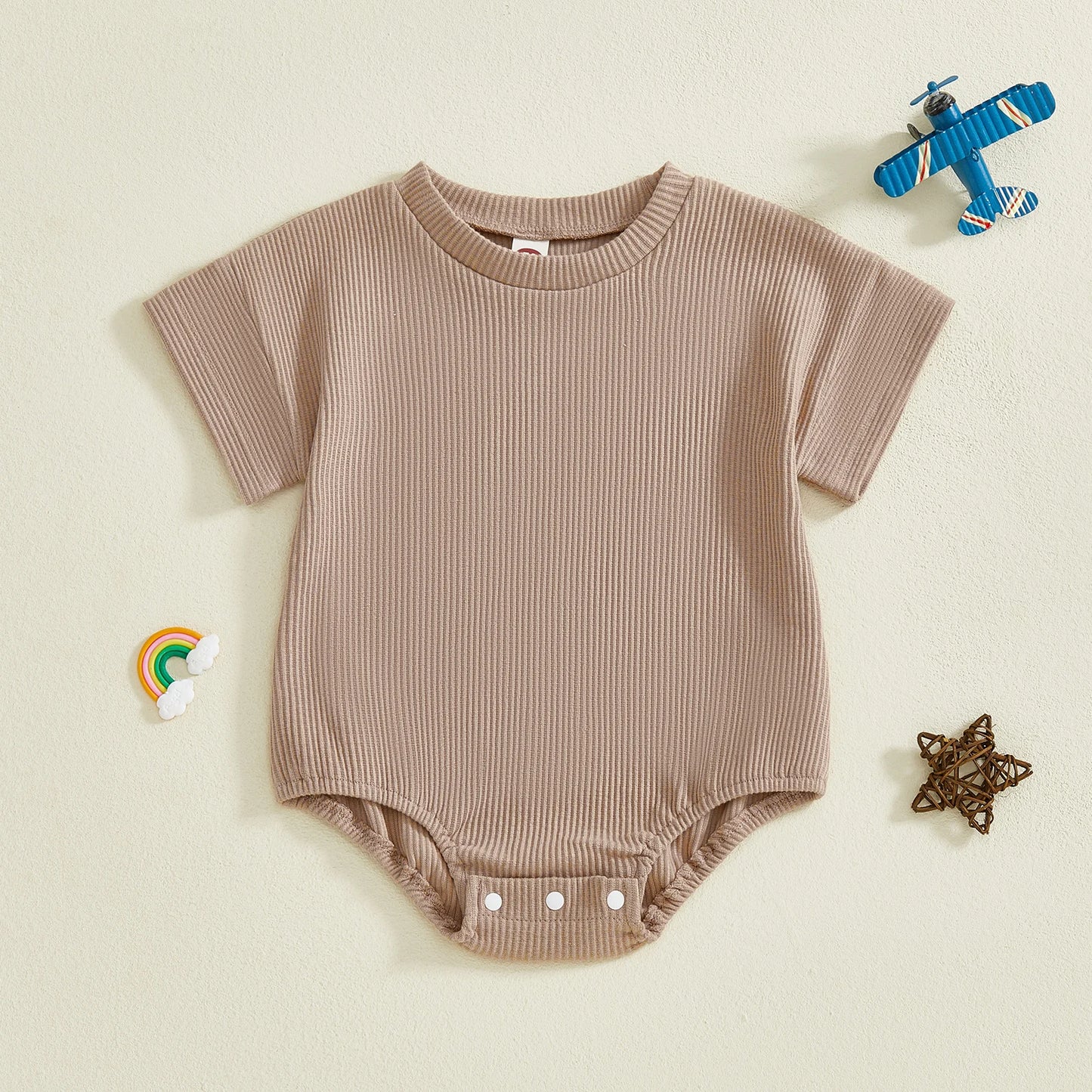 Baby Girls Boys Spring Summer Jumpsuit Solid Color Ribbed Short Sleeve Round Neck Romper Cute Bodysuit