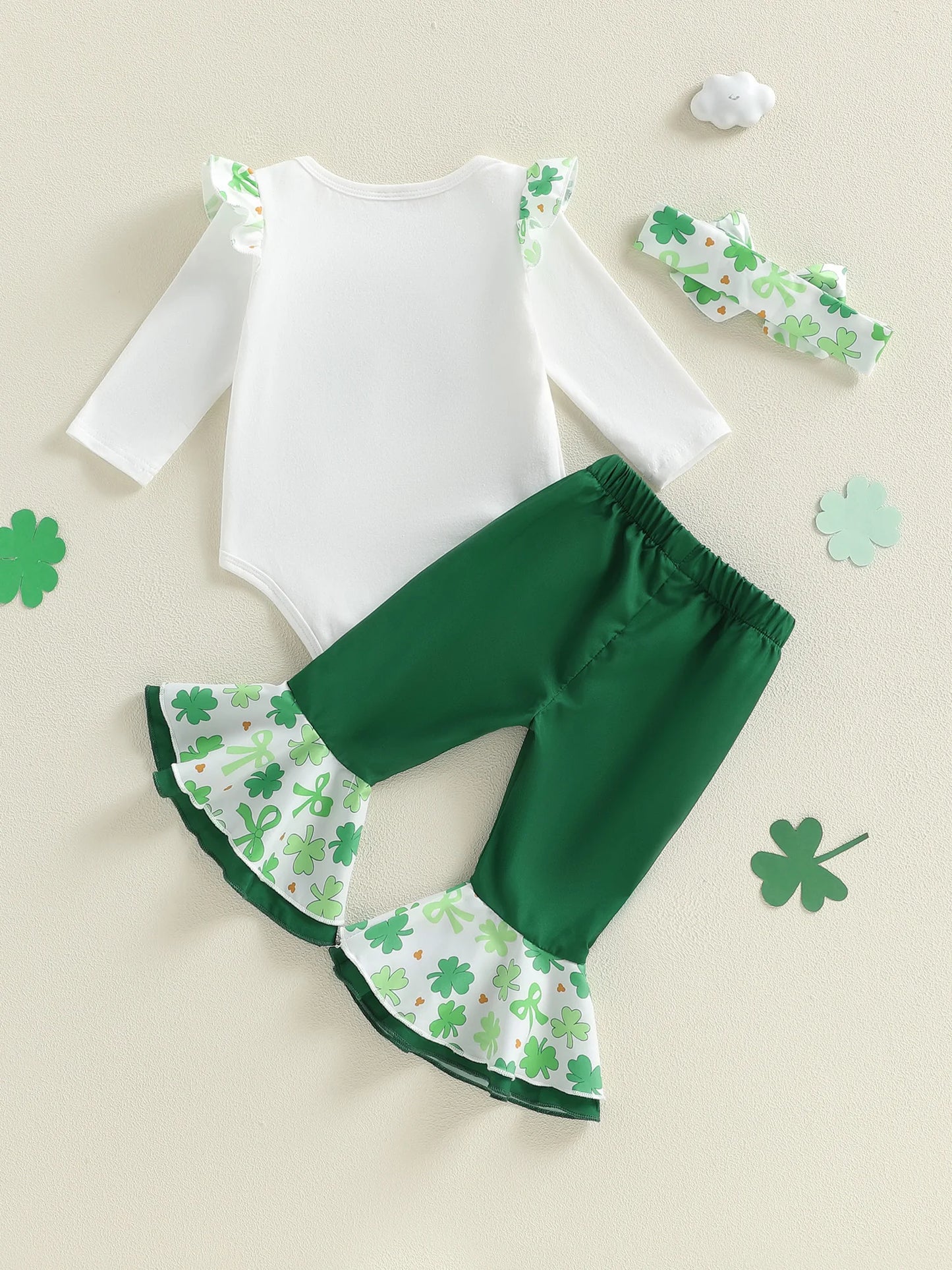 Baby Girls 3Pcs My 1st St. Patrick's Day Outfit Long Sleeve Letters Print Romper with Shamrock Print Pants and Headband Set