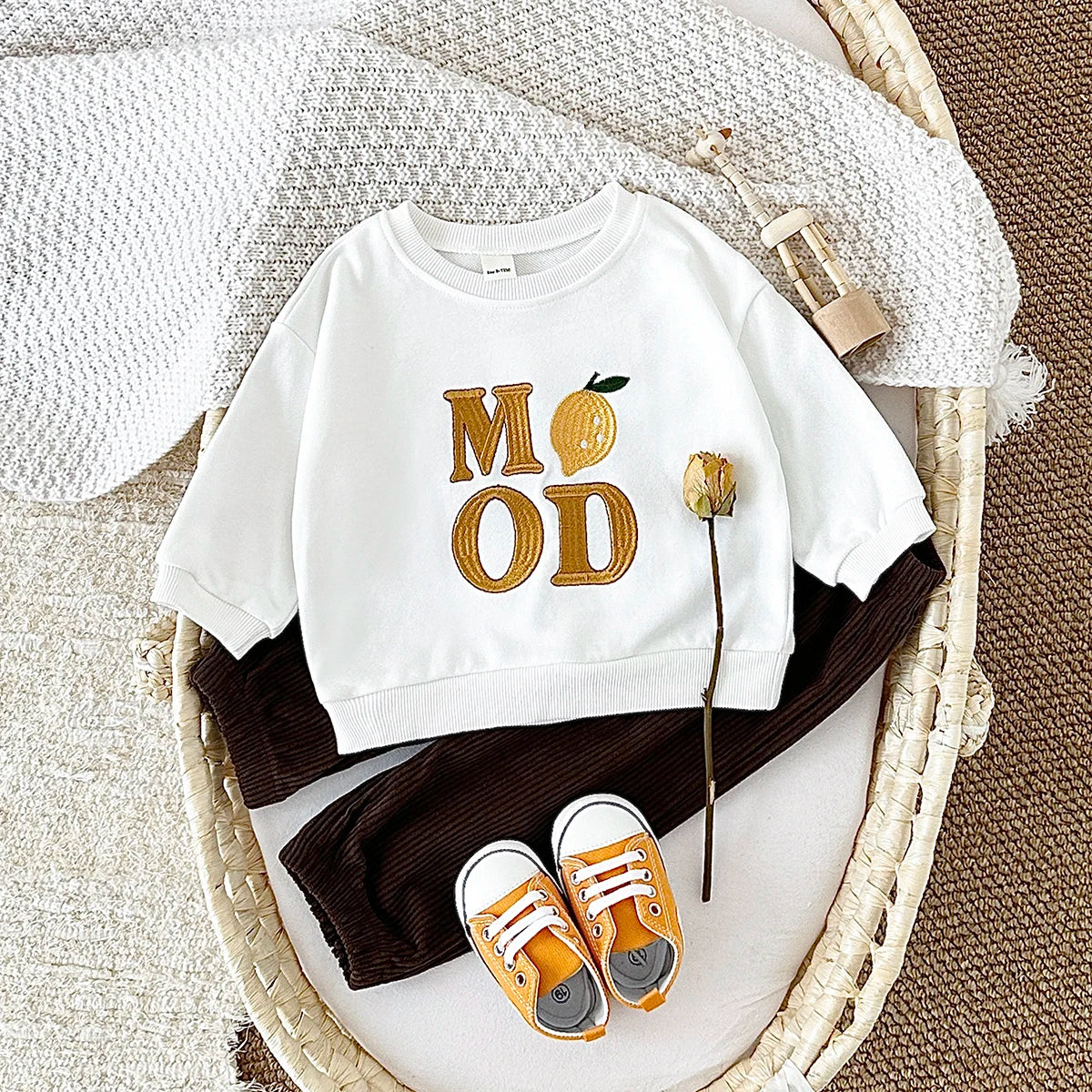 Baby Toddler Boys Girls 2Pcs Set Fruit Letters MOOD / LOVE / VIBE EmbroideryLong Sleeve Crewneck Top + Corduroy Pants Outfit