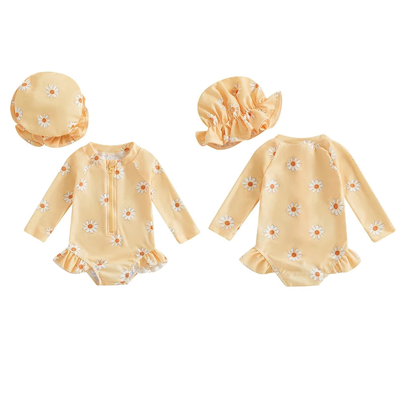 Baby Toddler Girls 2Pcs Swimsuit Daisy Flower Print Long Sleeve Round Neck Swimwear Front Zipper Bathing Suit and Hat Set