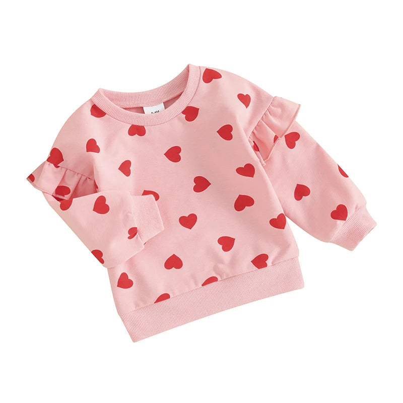 Baby Toddler Girl Valentine's Day Long Sleeve Ruffle Heart Print Pullover Top